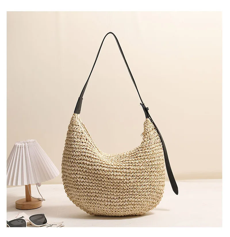 Modische Unregelmäßige Strohtasche Schulterhandtasche Einfarbig Neue Strand-Urlaubstasche für Damen Geflochtene Schultertasche Accessoire – Detail 5