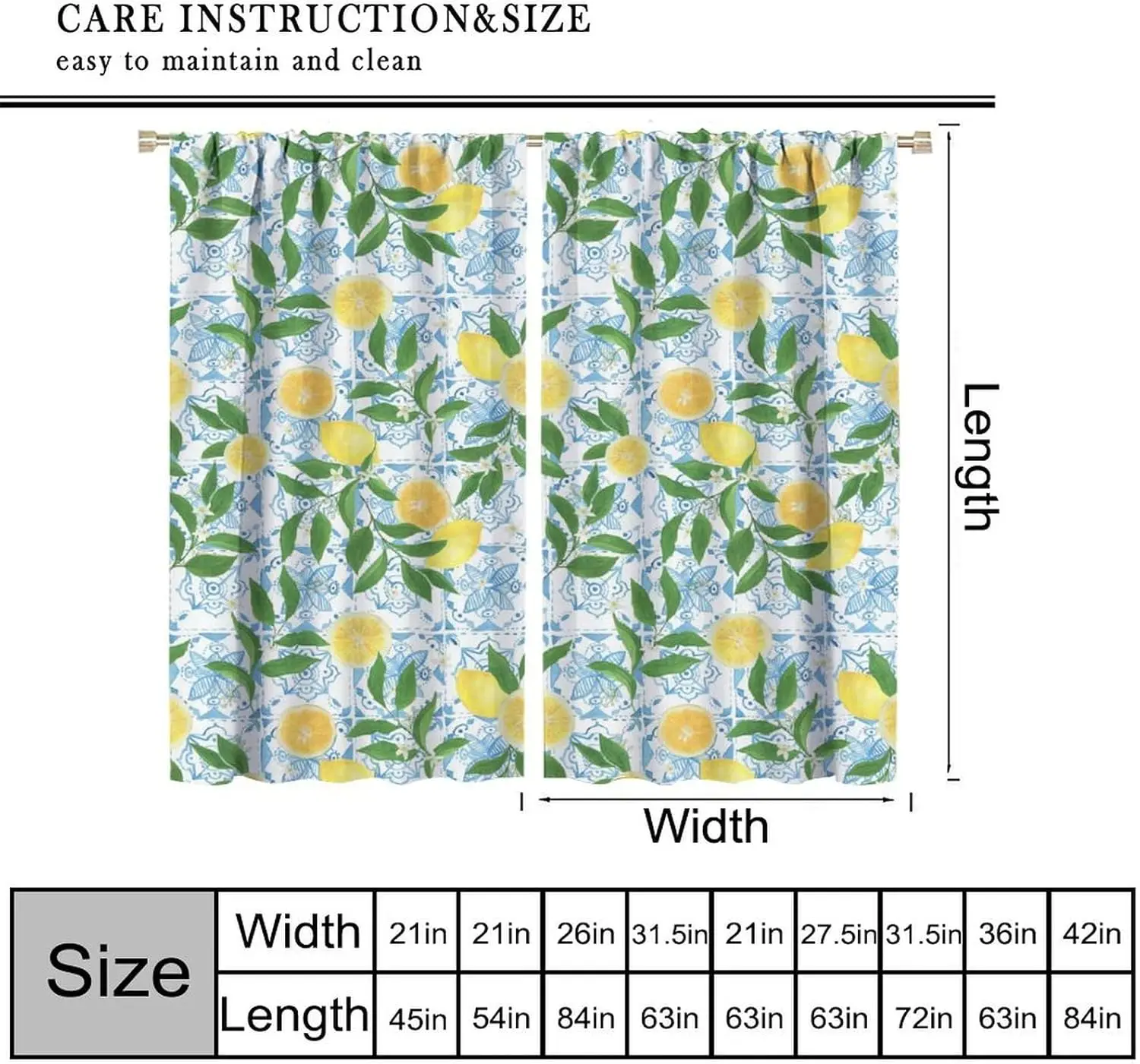 Blue Tiles Lemon Curtains Summer Fruit Chic Traditional Floral Pattern Window Drapes for Bedroom Living Room Kitchen Cafe