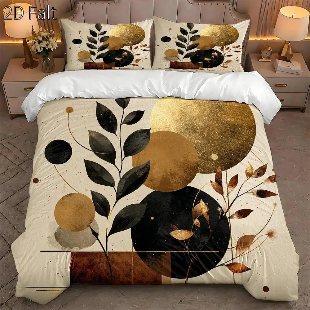 3-Piece Quilt Cover Set, 1 Quilt Cover + 2 Pillowcases (Without Filling) 2D Flat Printing, Three-Piece Quilt Cover Set, Golden Abstract Plant Theme, Futuristic Style, Thanksgiving, Suitable for All Seasons, Machine Washable, Invisible Zipper, Large Quilt Cover Set, Bedding Set, Skin-Friendly, Breathable, Soft and Comfortable, Does Not Fade or Pill, Suitable for Home/Dormitory/Master Bedroom/Guest Room
