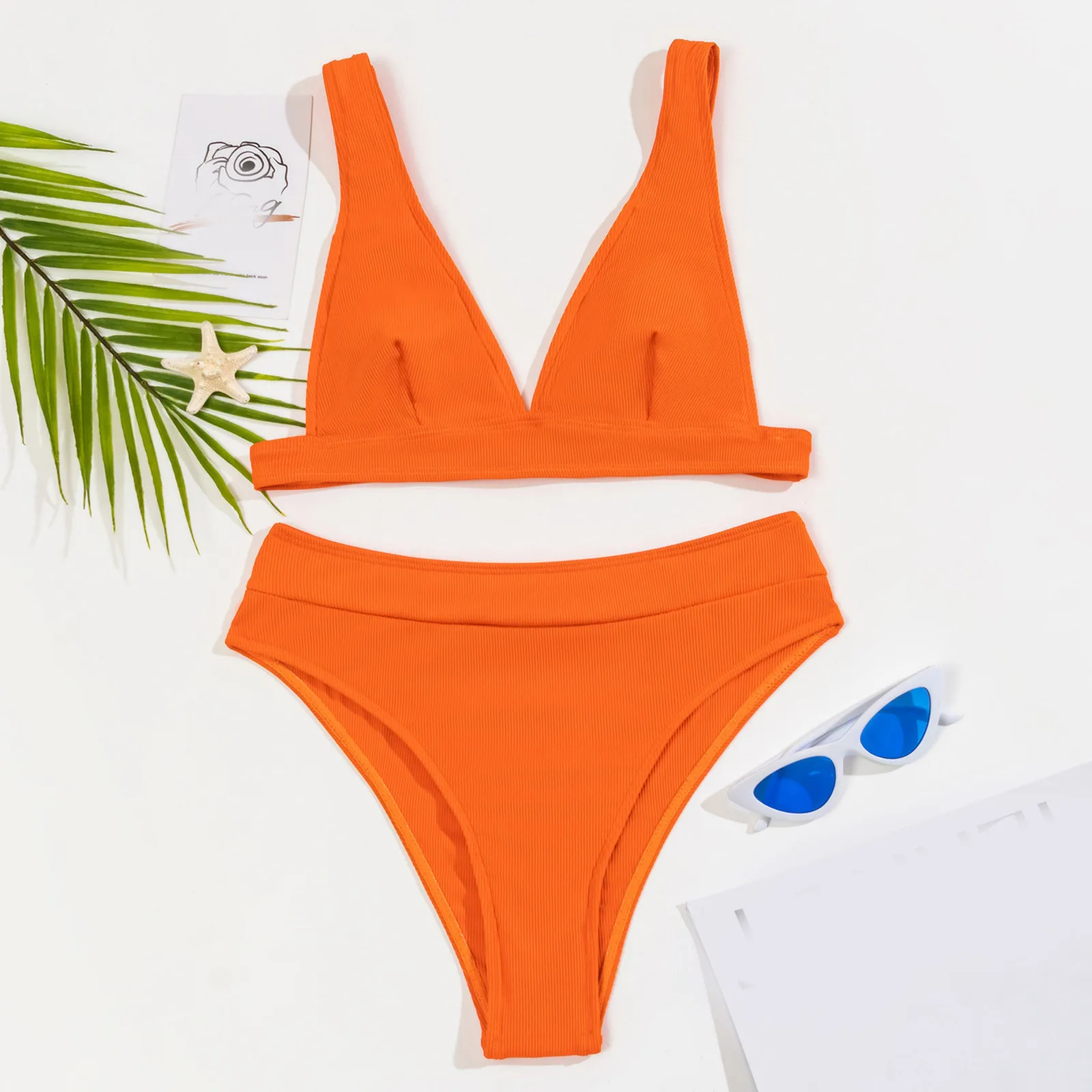 2024 New Sexy V-Neck Ribbed Bikini High Waist Swimsuit Women Solid Push Up Swimwear Female Bathing Suit Bikini Set Beachwear