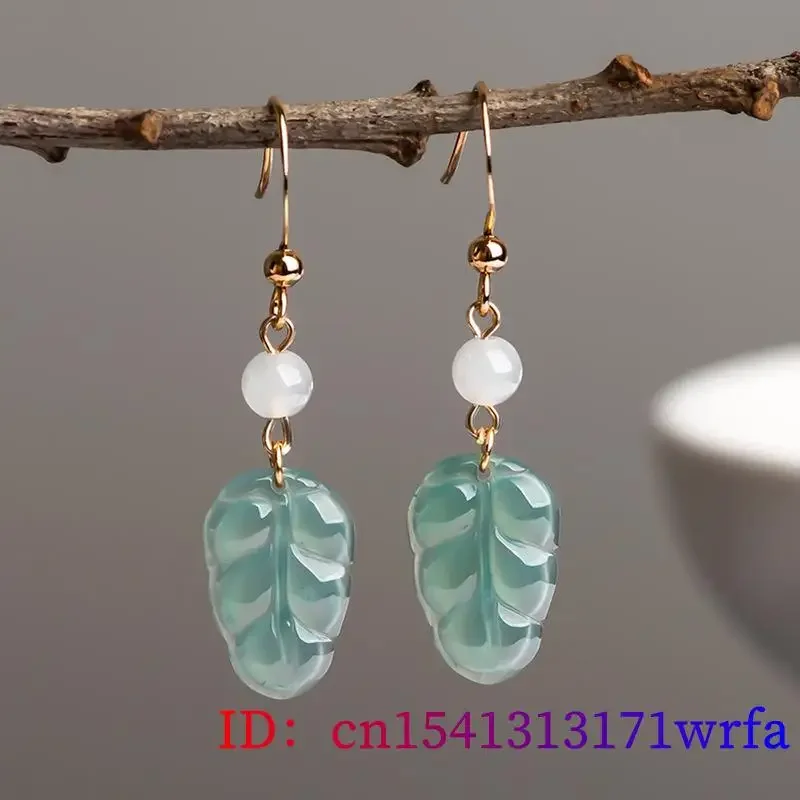 Burmese Jade Leaf Earrings Accessories Natural Gemstones Stone 925 Silver Jewelry Blue Gifts Carved Women Amulets Charm Jadeite