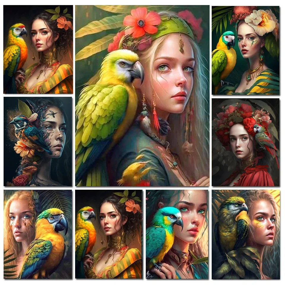 5D Diy Diamond Painting Beautiful Girl Parrot Picture Diamond Embroidery Cross Stitch Kit Mosaic Picture Room Decor Y1150