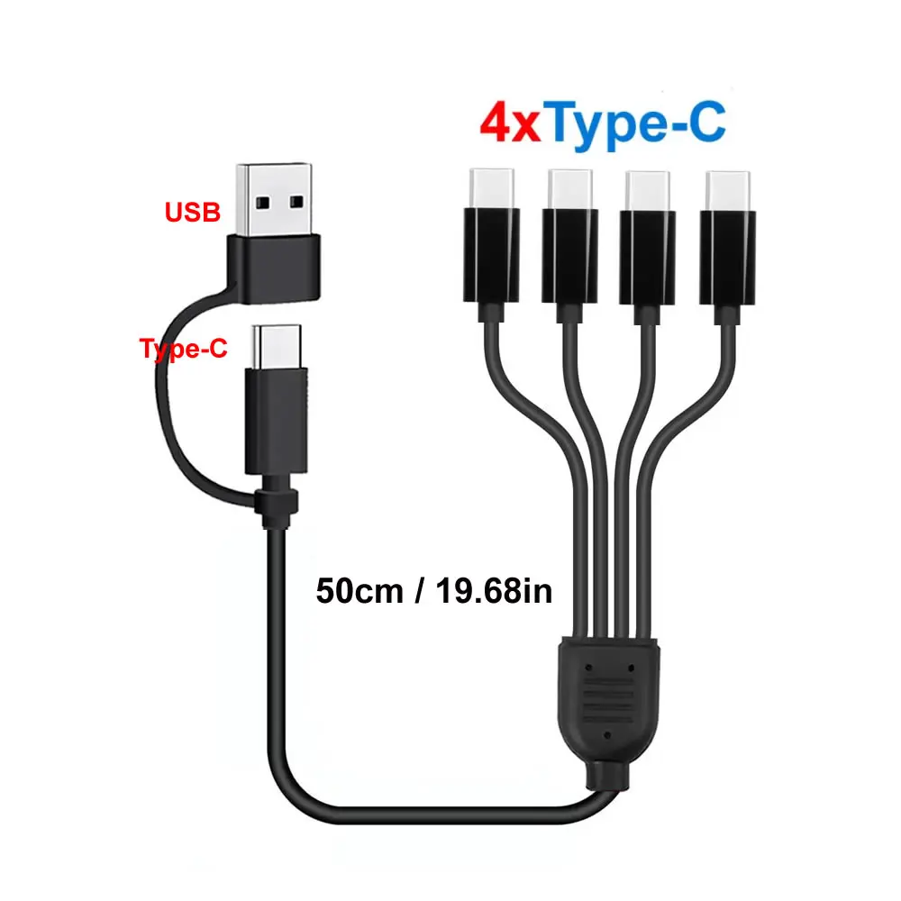 Kort snoer 5V USB A C naar Type C Meerdere oplaadkabel 4-in-1 Micro USB-splitteradapterkabel 4-poorts USB C PD-splitterkabel