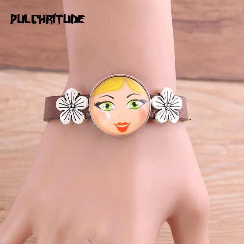 1pcs 6 Color PU Bracelet Silver color Flower Base Setting Cuff Blank Trays Brazel Fit 25mm Glass Cameo Dome Cabochon DIY Jewelry