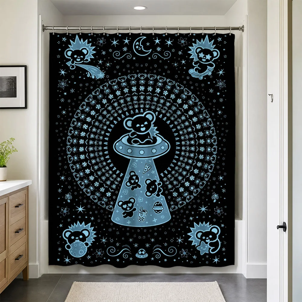 Waterproof Galaxy Star Shower Curtain Black Background Cute Cartoon Animal Bear Celestial Night Sky Bathroom Curtain Decor