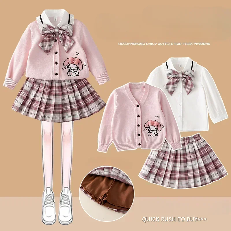 Miniso Kuromi My Melody Children's Cosplay JK Skirt Halloween College Style Knitted Cardigan Pleated Skirt Three Piece Set Skirt