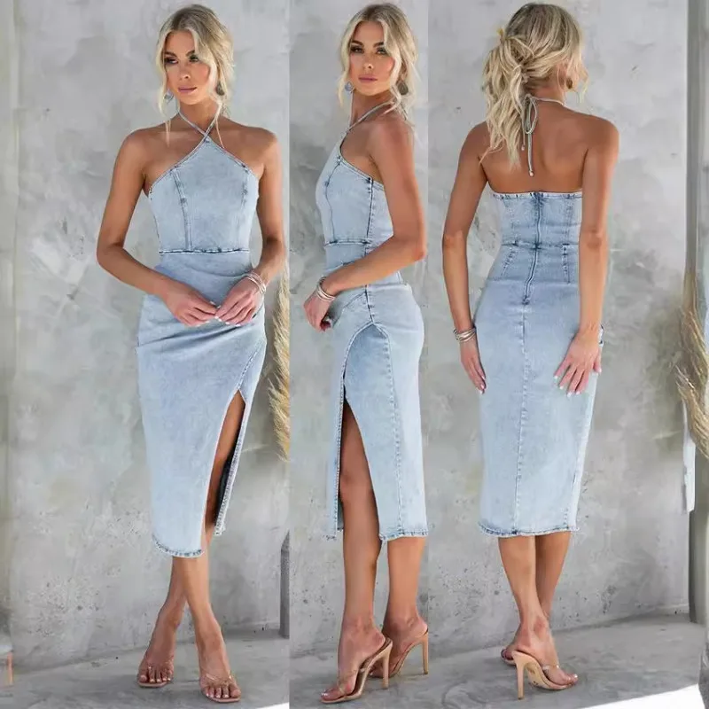 2024 Fashion Hanging Neck Distressed Sexy Denim Dress