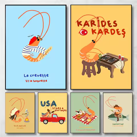 Abstract Kitchen Food Funny Cowboy Shrimp Picnic Cartoon Illustration Poster Canvas Painting Wall Art Pictures Home Decor