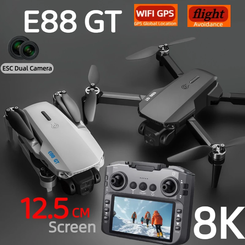 طائرة بدون طيار E88GT 8K احترافية عالية الدقة 360 °   كاميرا مزدوجة 12.5 سنتيمتر شاشة التحكم عن بعد محركات بدون فرش تجنب العوائق كوادكوبت 2025