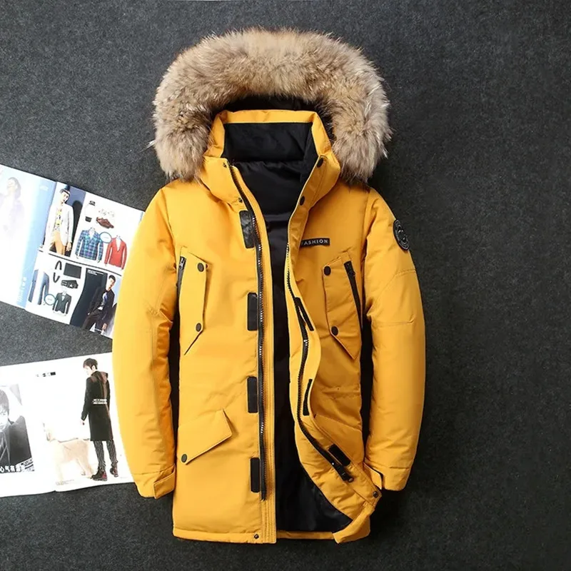 Down Jacket Men 2023 Winter 90% White Duck Down Parkas Coat Mid-length Fur Collar Male Thicken Snow Overcoat -20 ℃ Keep Warming