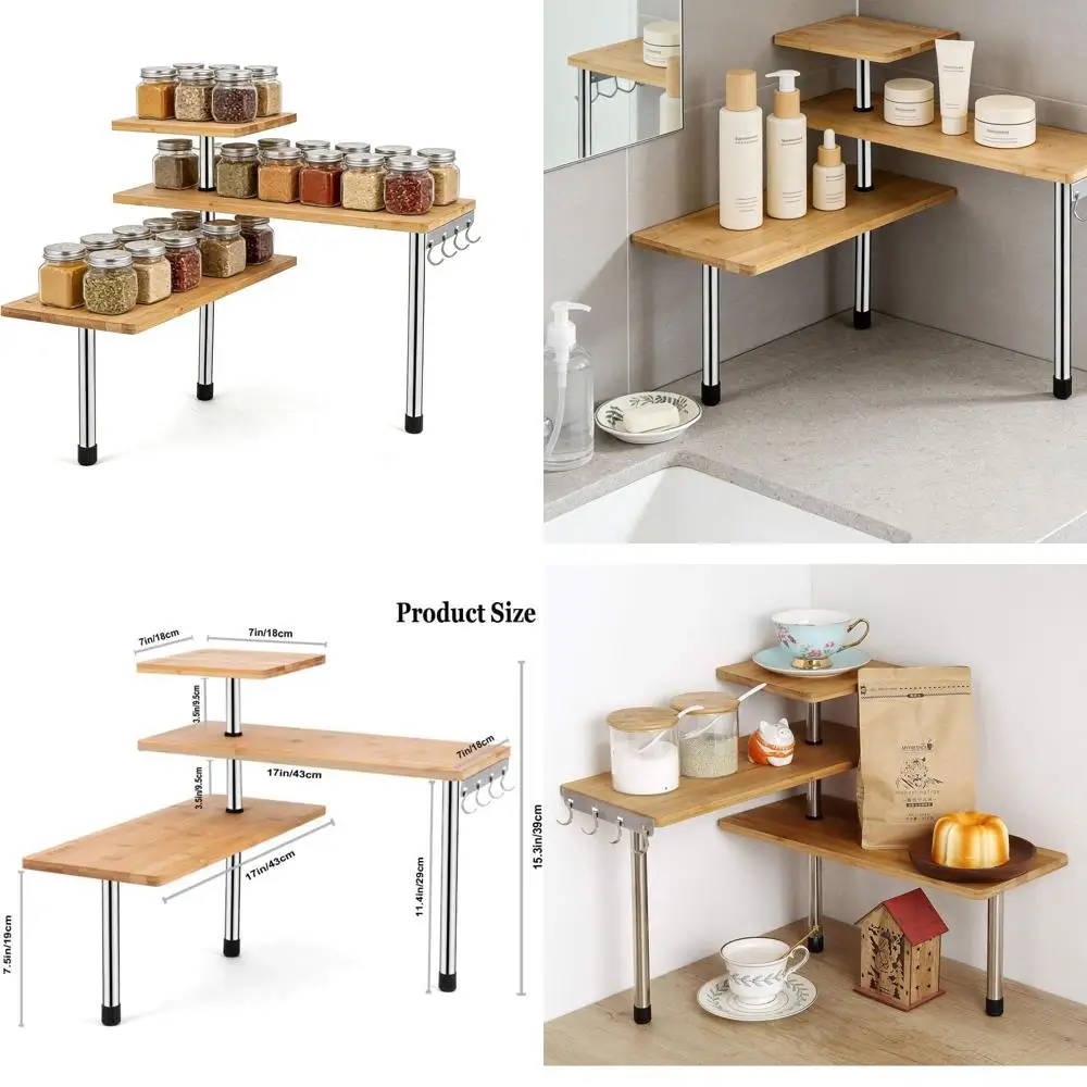 

Трехъярусная полка для хранения из бамбука и металла с крючками, регулируемый органайзер для кухни, ванной, спальни или офиса