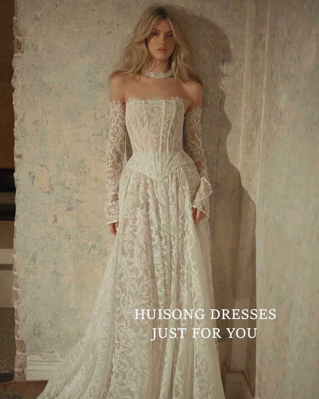 

HUISONG Customized Vestidos De Novia Lace Appliques Wedding Dresses Long Sleeves A-Line Beach Bridal Gown