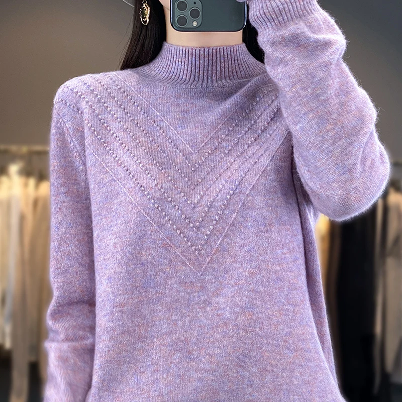 

Cashmere Sweater Ladies Autumn Winter New 100% Pure Wool Half High Collar Pullover Sweater Loose Fashion Knit Sweater Women