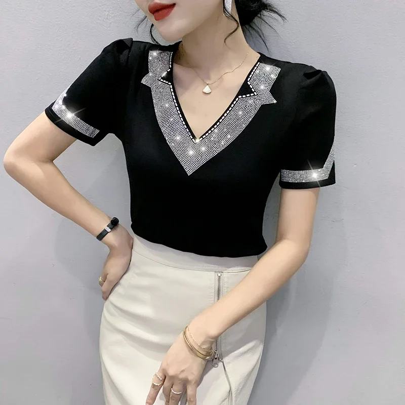 Damska koszulka T-shirt modna dekolt V Hot Diamond siateczkowe topy M-3XL Bluzki odzież nowa kolekcja lato 2025 krótki rękaw