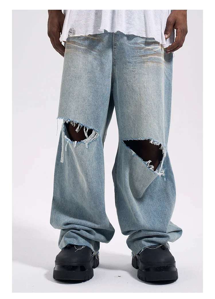 

Knee Ripped Denim Jeans Big Holes Wide-leg Mopping Jeans Hip Hop Elephant Pants Streetwear Men Y2k Pants Vintage Baggy Jeans