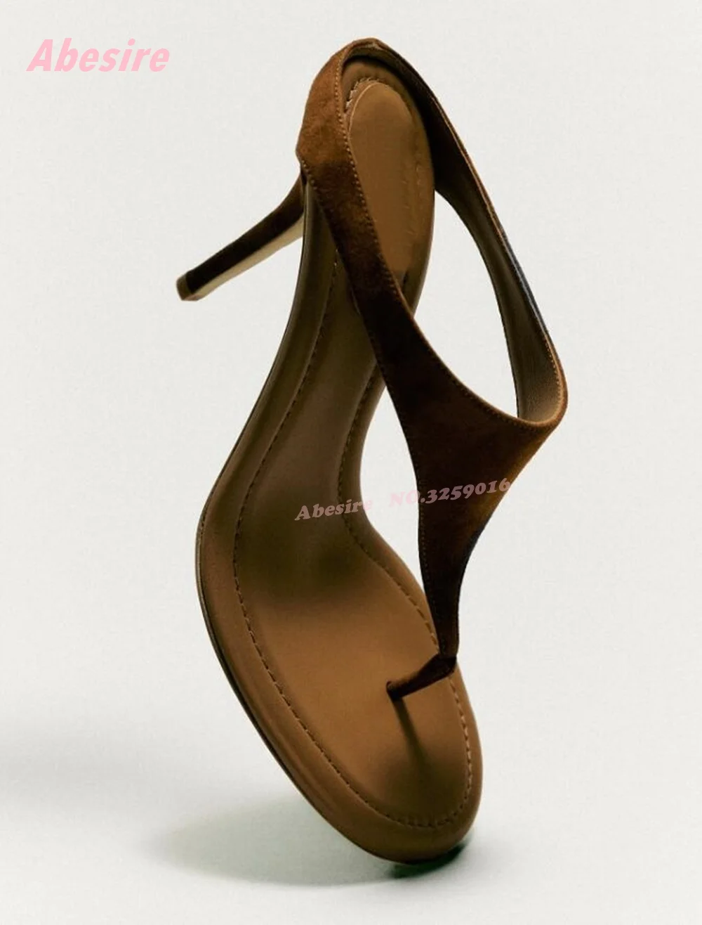 Brown Leather Clip Toe Slippers T-Strap Slip On Flip Flops Stiletto Heels Summer Outside Casual Beach Shoes Luxury Solid Sexy