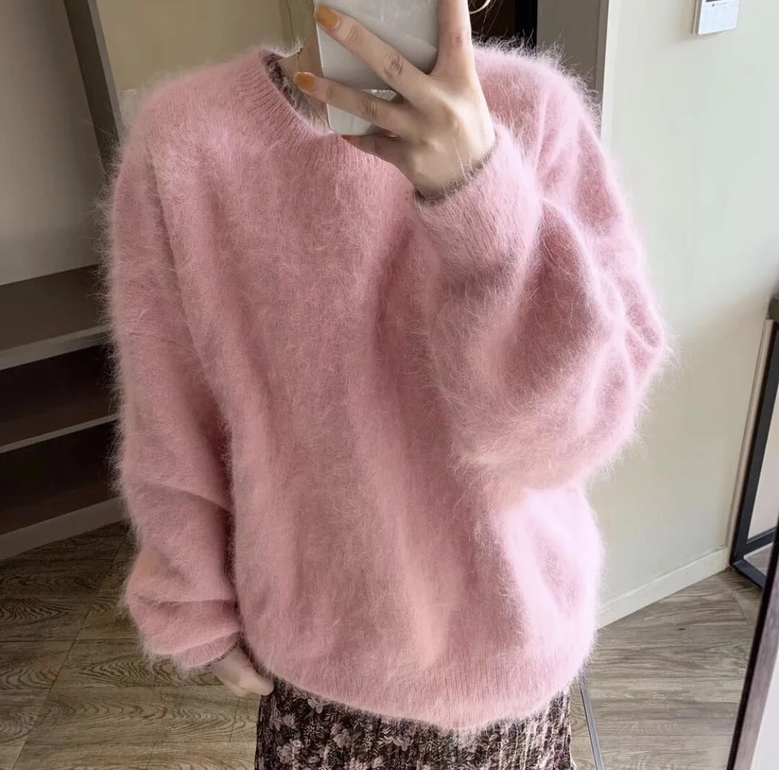 Oversiz Fashion Autumn Winter Pink Mohair Knitted Sweater For Women O Neck Long Sleeve Mink Cashmere Thick Soft Loose Pullovers