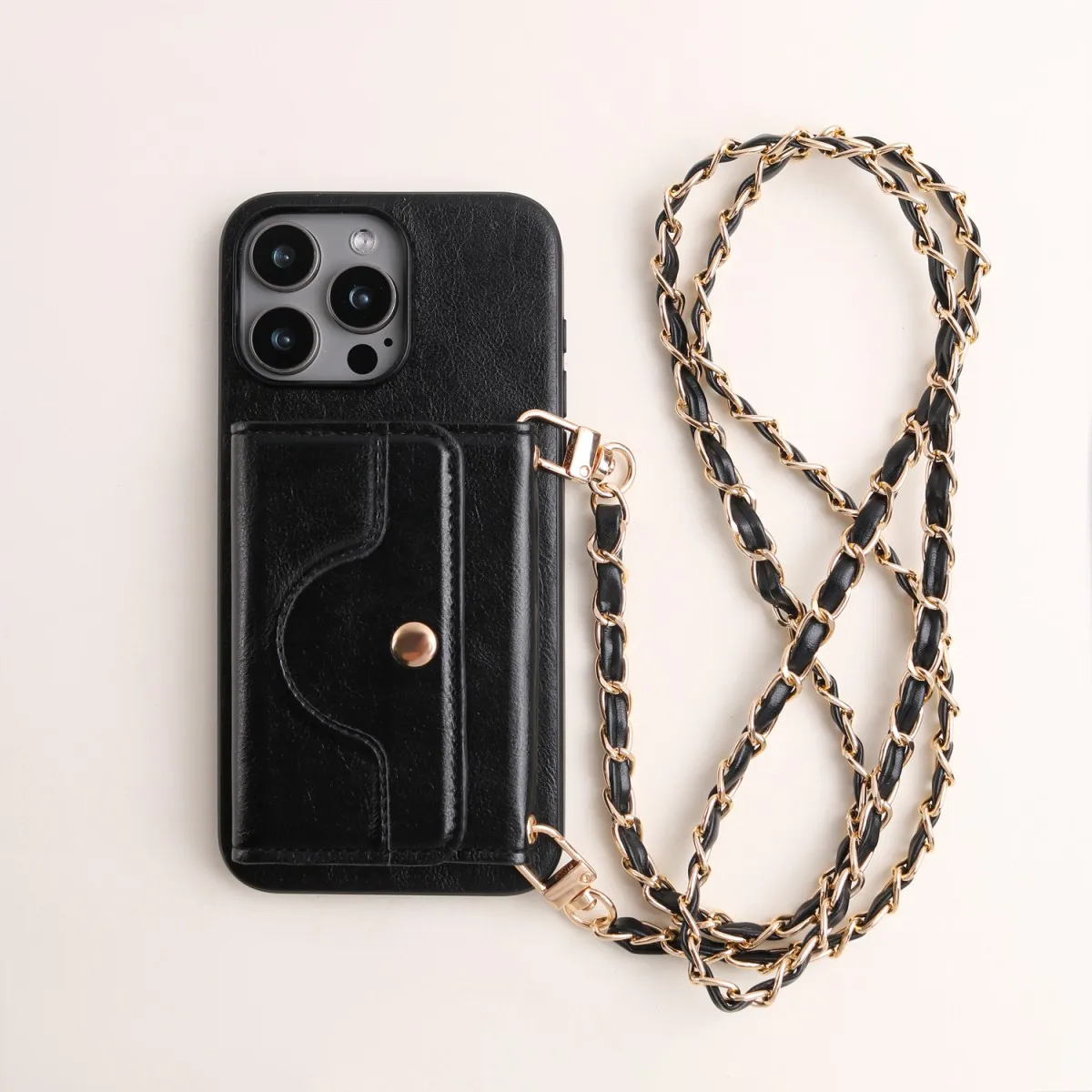 Luxury Black Cowhide Textured TPU+PU Leather Case for iPhone 11 13 14 12 16 15 Pro Max Fashion Long Lanyard Mirror Card Slot