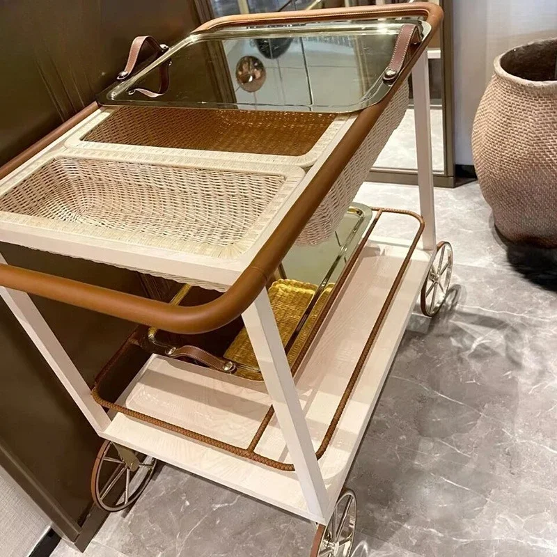Light luxury creative solid wood high-end trolley dining cart, villa home living room designer movable coffee table