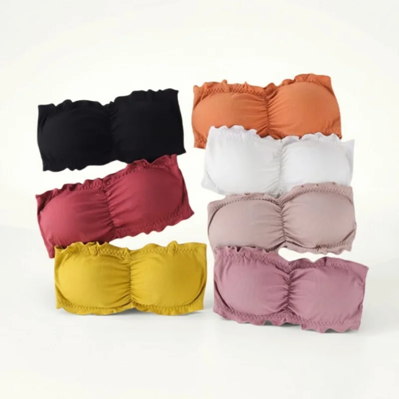 Women Soft Stretch Rib Strapless Bra Ruffle Edge Ruched Front Tube Top Adjustable Back Hook Daily Inner Top One Size Underwear