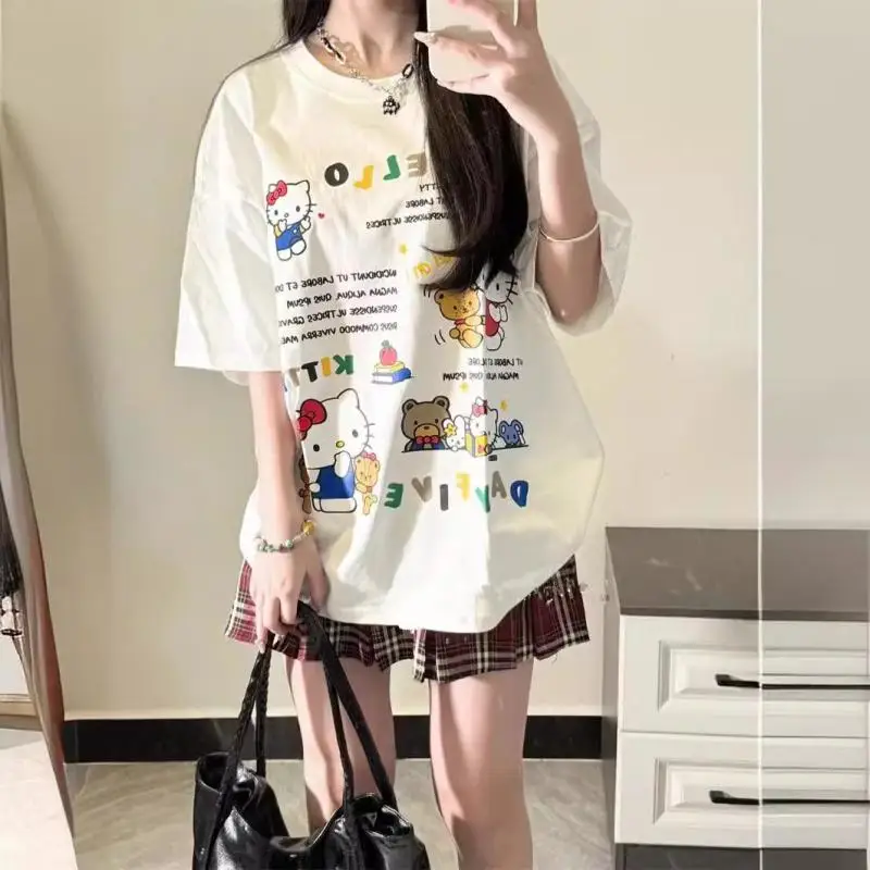 Sanrio Cartoon Cotton Summer Mid-Length Hello Kitty Short Sleeve T-Shirts Kawaii Women's Loose Casual Versatile Tops Gift