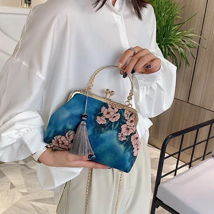 Retro Simple Pure Color Cheongsam Lace Embroidery Style Single Shoulder Cross Shoulder Handbag Bag Women