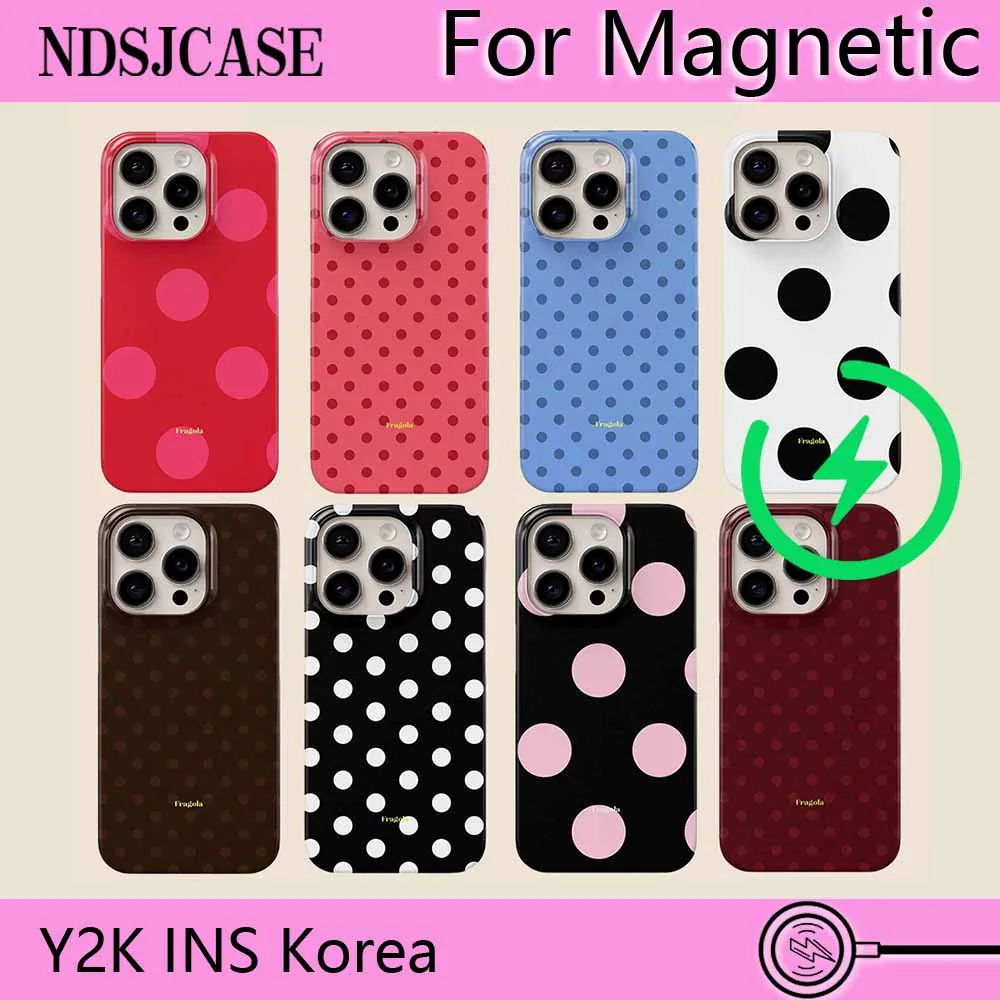 Coque de téléphone coréenne rétro à pois pour iPhone 17 16 15 14 13 12 11 Pro Max Plus Air, coque arrière magnétique de luxe double couche
