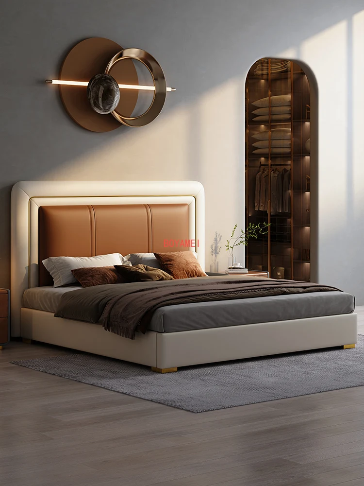 High-end luxury leather bed modern simple master bedroom double bed 1.8m wedding bed Italian minimalist villa big bed