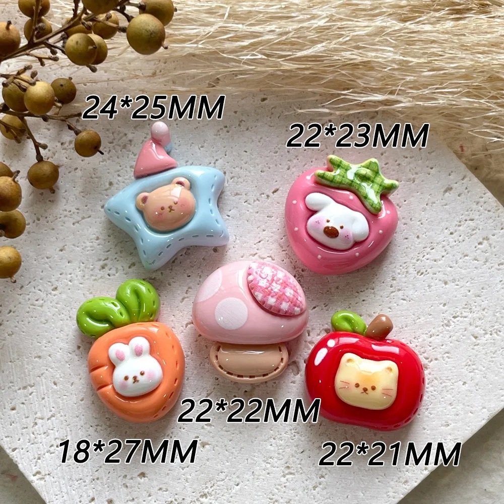 Mix 5PCS Resin Charms Flatback Fruit Vegetable Animal Heads DIY Craft Mushroom Strawberry Apple Carrot Design