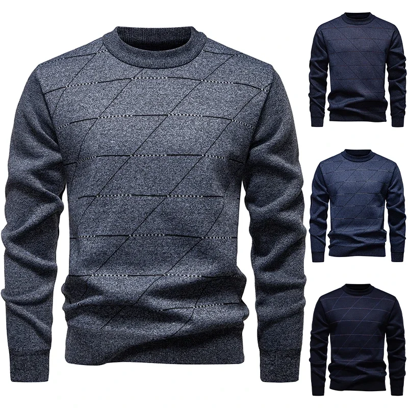 Elastic Rib Hem Crew Neck Men Sweater Fleece Lined Oblique Rhombus Stripe Knitting Autumn Outdoor Leisure Knit Top