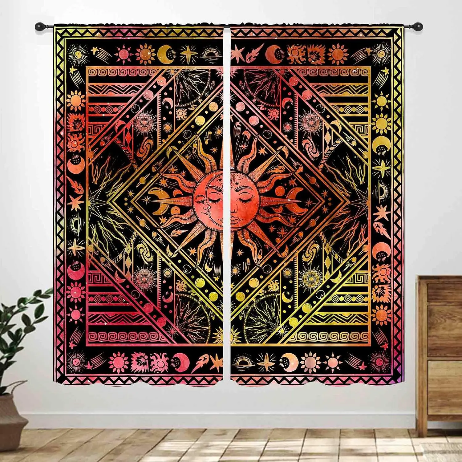 Boho Celestial Window Curtain 2 Panels, Gradient Red Gold Sun Moon Star Ethnic Triangle Dark Pattern, Drapes Living Room Curtain