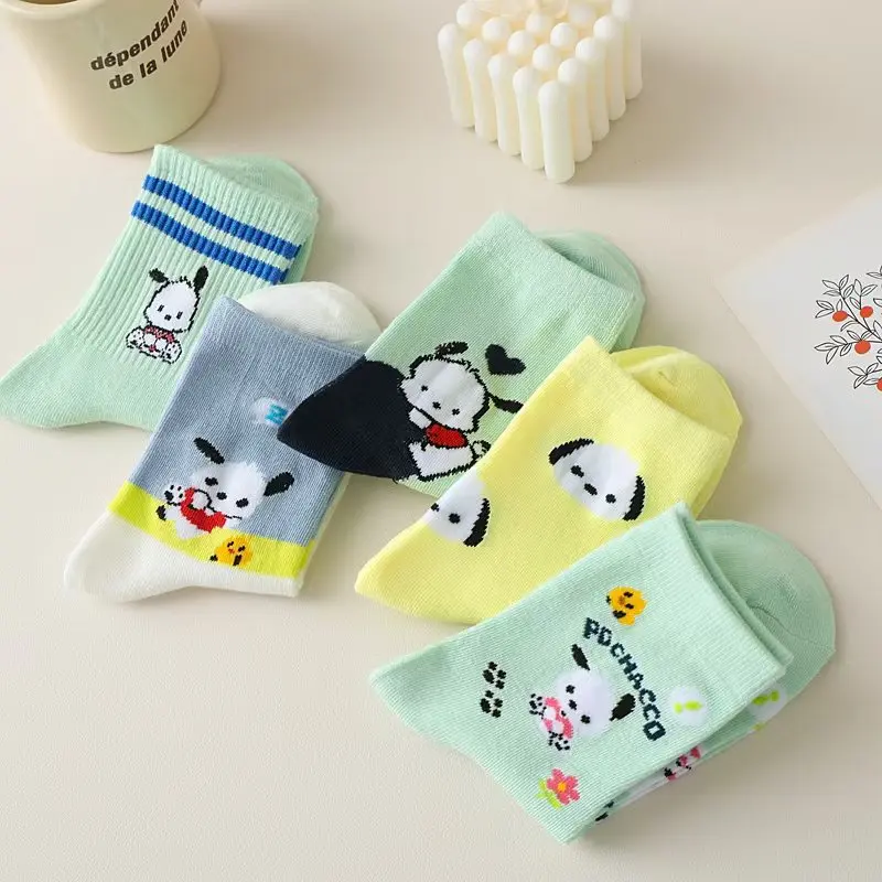 Sanrio Cute Pochacco Cartoon Socks for Women Mid-Calf Socks High-Quality School Style Versatile Striped Socks Autumn