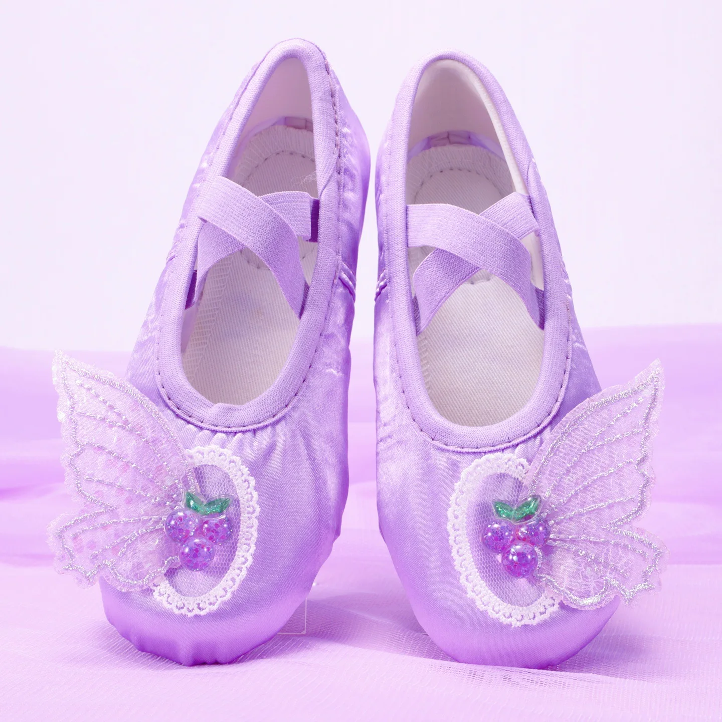 Purple Pink Satin Children's Dance Shoes Soft Bottom Practice Shoes Cute Shell Mesh Stage Performance Dancing Ballet Shoes