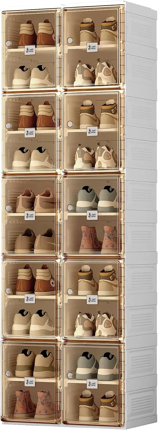 10 Layers 20 Grids Foldable Shoe Rack No Assembly Portable Shoe Cabinet Organizer with Magnetic Clear Doors Collapsible Sneaker Storage Boxes Large Plastic Wardrobe Storage Bins Heavy Duty Space Saving