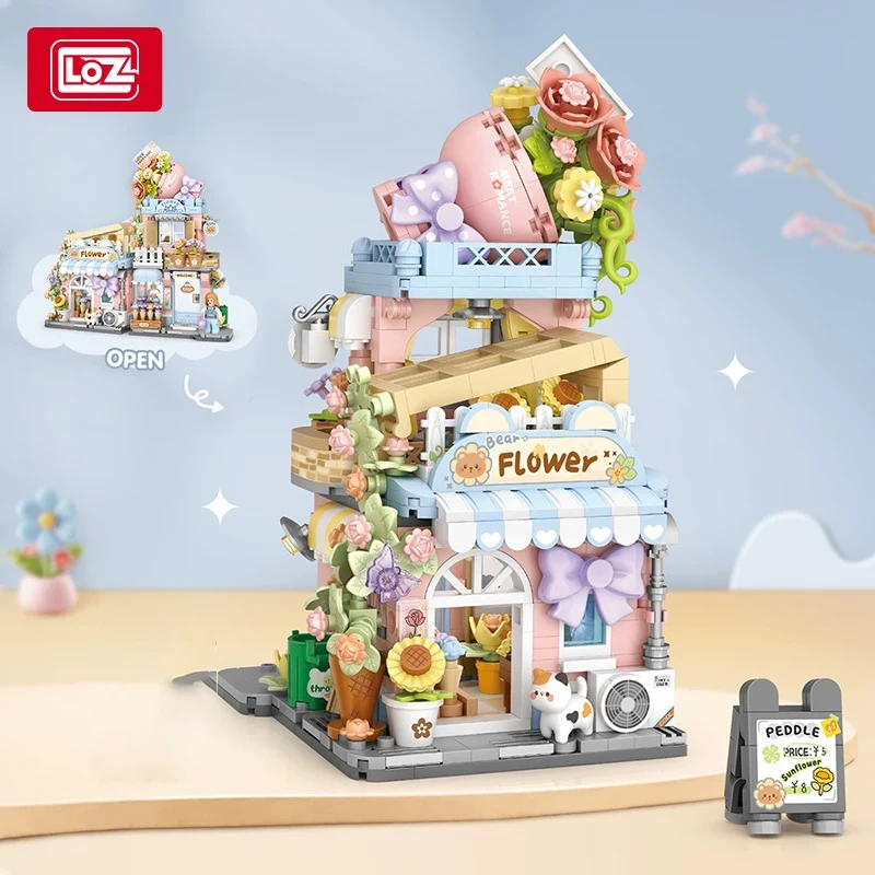 LOZ-4801 Klappbarer Street View Bär Takoyaki Holzhaus Blumenwerkstatt Gebäudehaus Modell Kinderbausteine Spielzeug