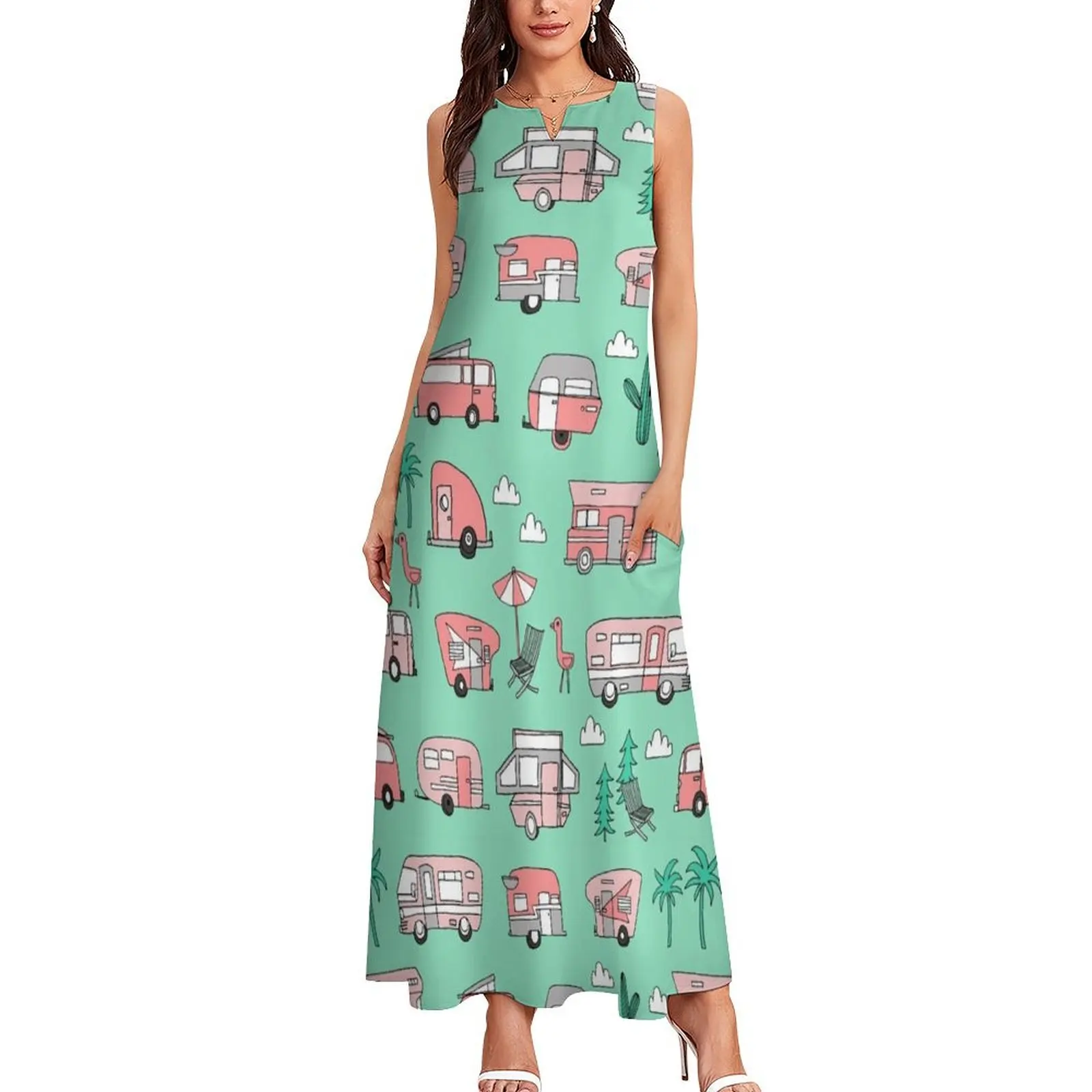 Camper vacation rv airstream hipster road trip pattern by andrea lauren Long Dress Women