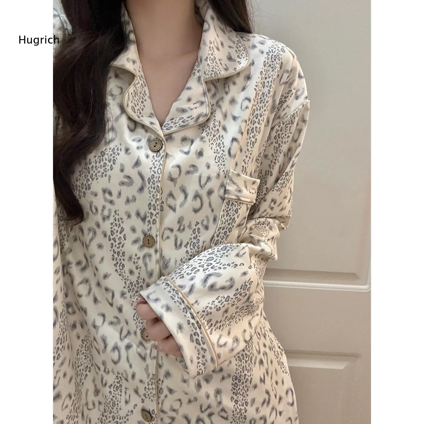 Ladies Lapel Collar Loungewear Set Leopard Pattern Button Up Long Sleeve Top And Long Pant Breathable Indoor Sleepwear