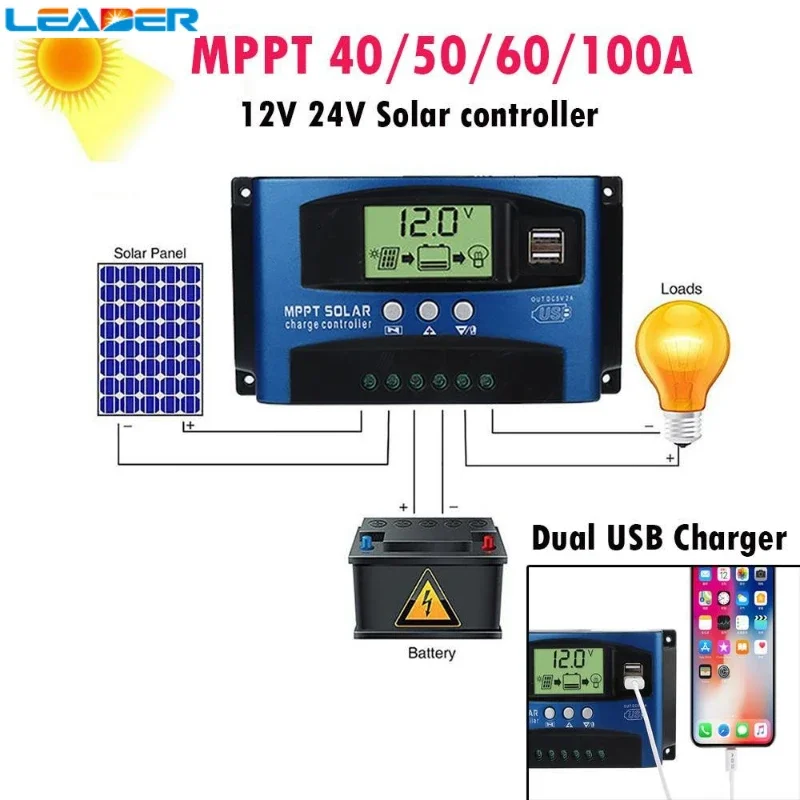 30A/40A/50A/60A/100A Solar Charge Controller with LCD Display Dual USB Multiple Load Control Modes,New MPPT Technical