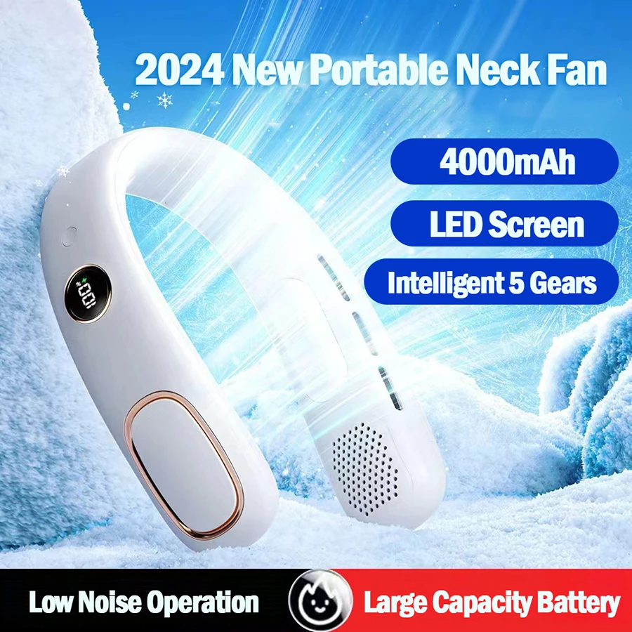 

2024 New 4000mAh Rechargeable Hanging Neck Fan Mini Air Conditioner Portable Fan Wearable Bladeless Fan with 5 Gears LED Screen