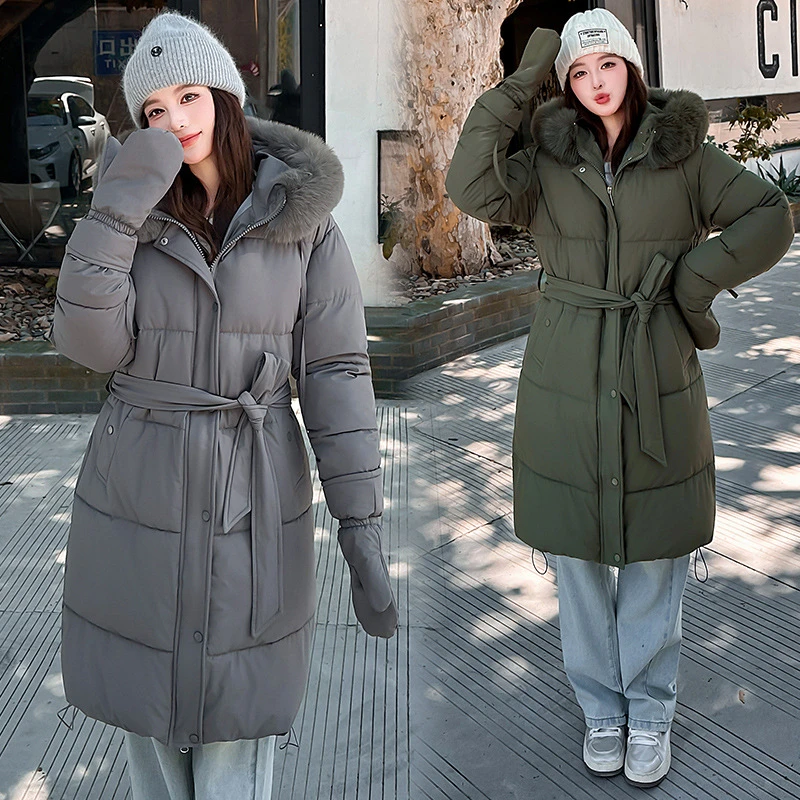 冬用厚手暖かいフード付きビッグファーカラー女性用ロングパーカー細身ウエストベルト付き手袋付き気質通勤ダウン綿入りコート