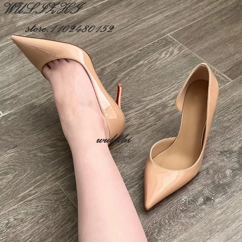 Nude Skin Color Fine Heel Side Empty Sandals Girls Casual Metal Bag Summer Party Pump Pointed Pointed Sexy 10Cm Heel Light Shoes