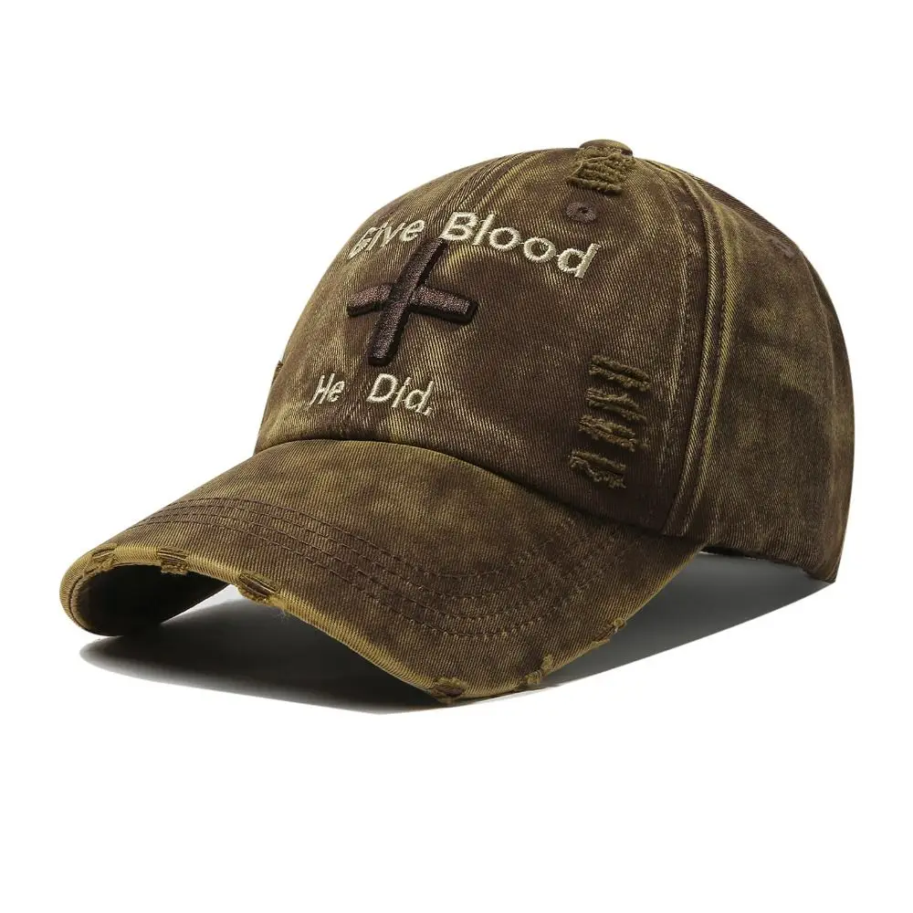 Frayed Brim Cross Embroidery Baseball Cap Washed Cotton Adjustable Outdoor Fishing Hat Sunscreen Hip Hop Dad Hat