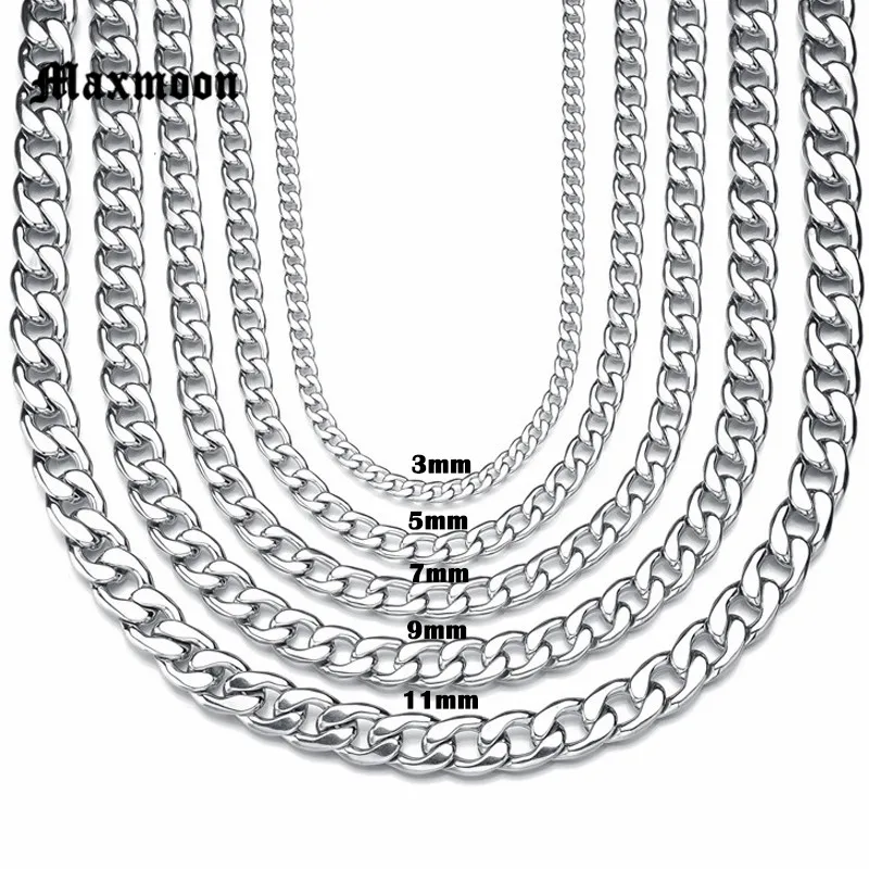 Maxmoon Never Fade 3mm/5mm/7mm/9mm/11mm Stainless Steel Cuban Chain Necklace Waterproof Men Link Curb Chain Gift Jewelry