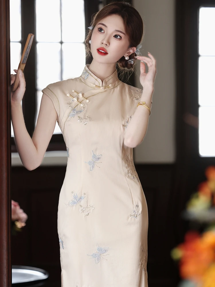 

Young Style Sleeveless Long Version Improved New Chinese Style Girl Breathable Polyester Fiber Short Sleeve Maxi Dress