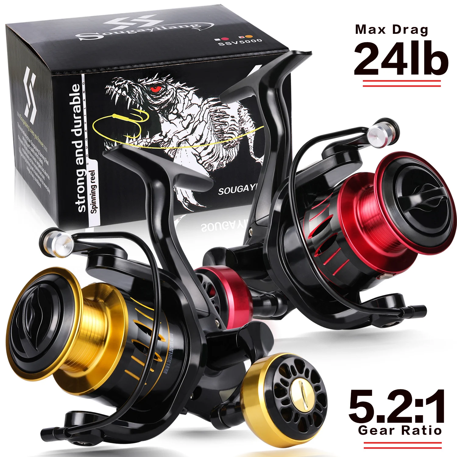 Sougayilang Fishing Reels 5.2:1 High Speed Spinning Reel Windlass 1000-5000 Series Coil 24LB 10.8KG Max Drag All for Fishing