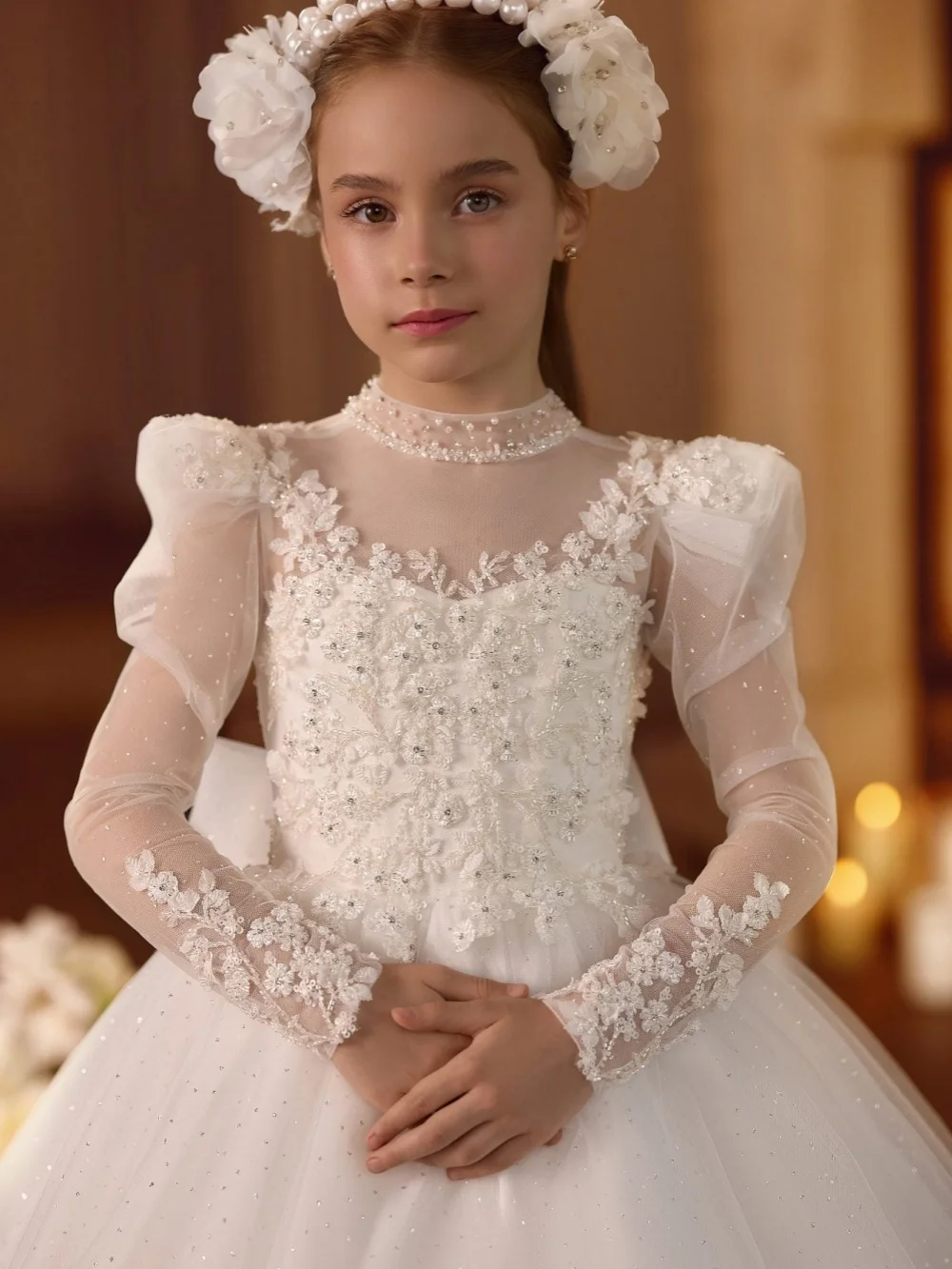Long Sleeve White Flower Girl Dress For Wedding Exquisite Shinny Beaded Tulle Princess Gown For Kids Birthday Party 2-14Y