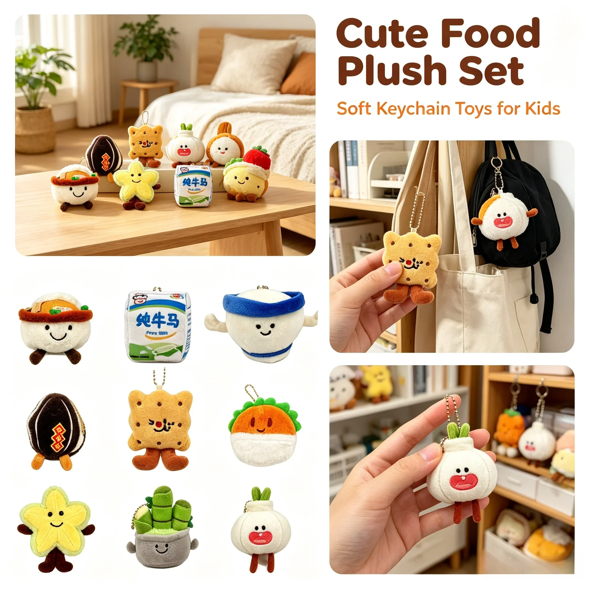 Soft Fruit Veggie Plush Bag Charm Keychain, Cartoon Mushroom Cactus Carrot Expression Doll Pendant Kids Decor Gifts