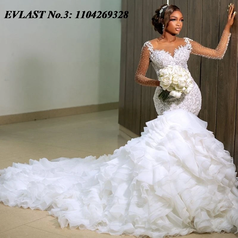 

EVLAST Customized Mermaid Wedding Dress For Bride Tiered Long Sleeve Beaded Lace Tiered Bridal Gown Vestidos De Novia E3W25
