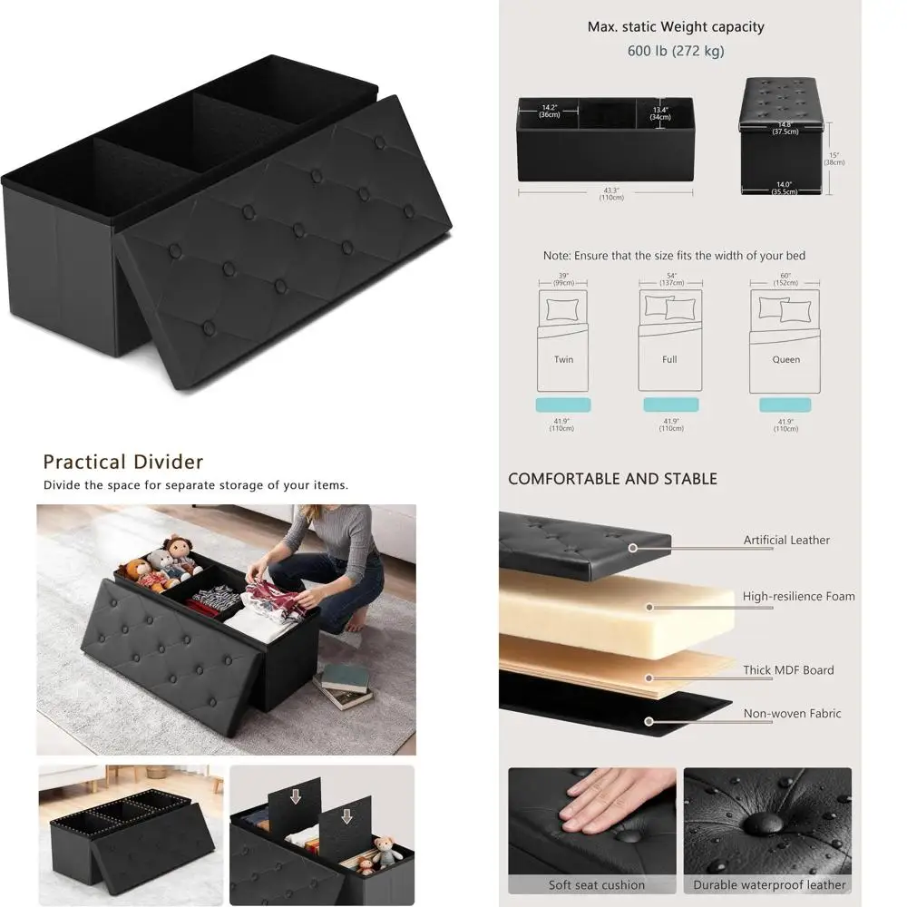 

43, кожаная складная оттоманская скамейка с отделениями для хранения и перегородками для гостиной, спальни и прихожей - черный