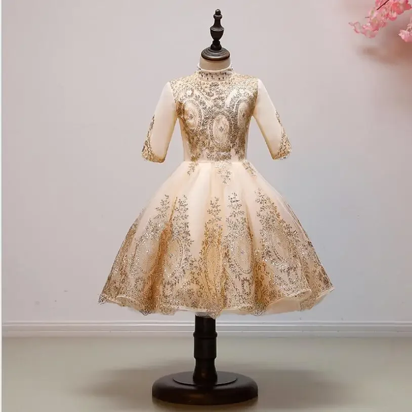 

Gold Sequin Tulle Girls Party Dress Long Sleeve Flower Girl Dress For Wedding Pageant Costume Princess First Communion Dresses